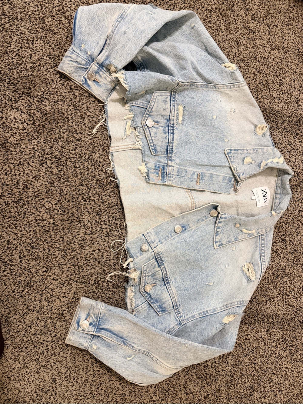Zara Light Blue Distressed Cropped Denim Jacket